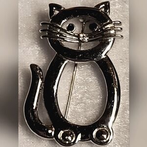 Sweet Rhinestone Silver Tone Cat Brooch / Pin